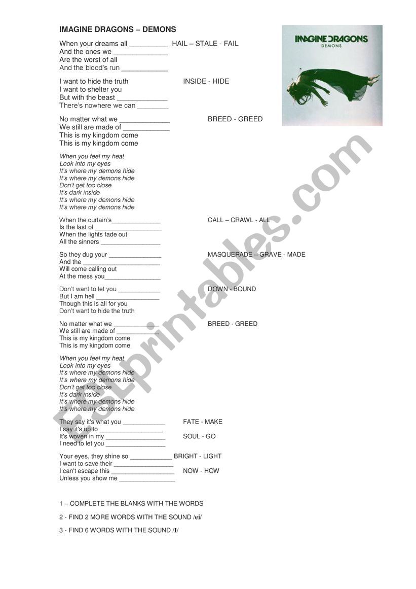 SONG Demons Imagine Dragons worksheet