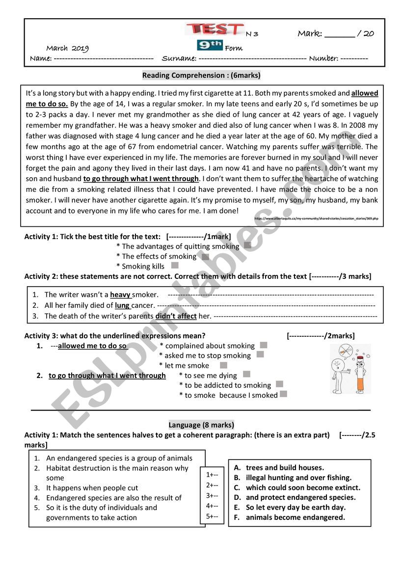9th form, test3  worksheet