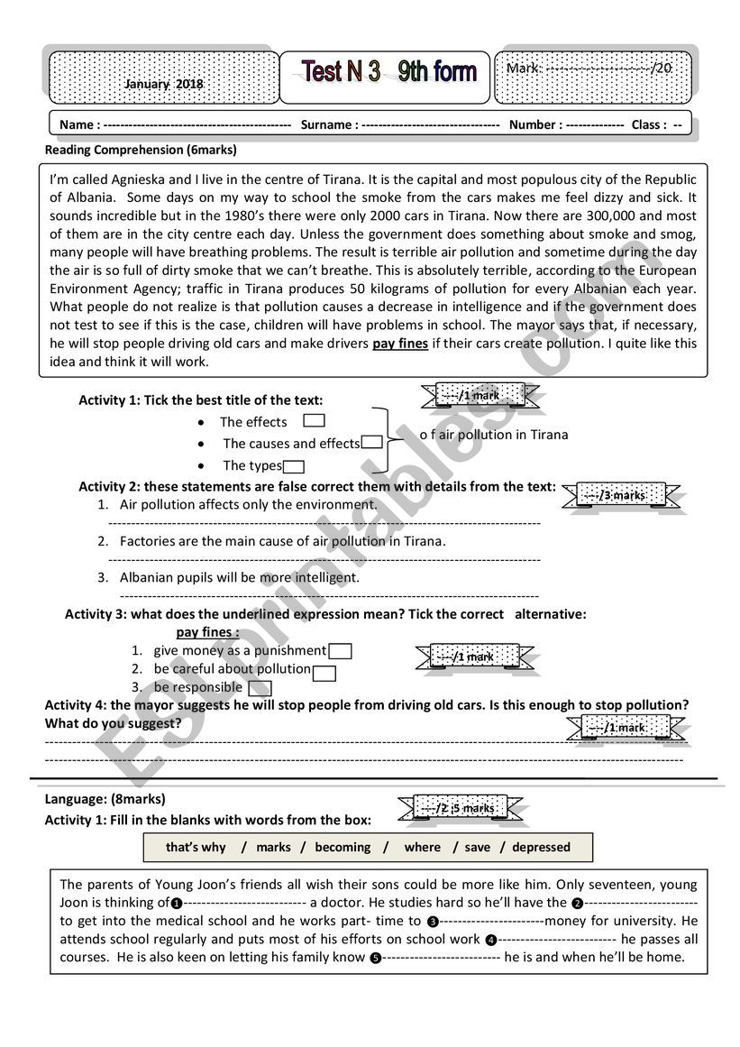 test 3 9th form  worksheet