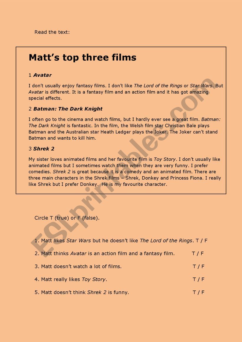 Favourite Movies worksheet