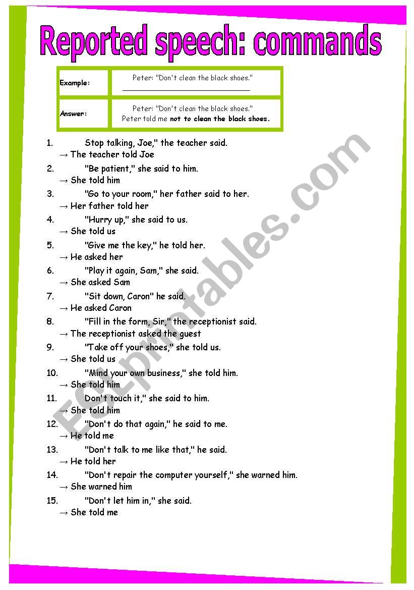 reported speech questions worksheets