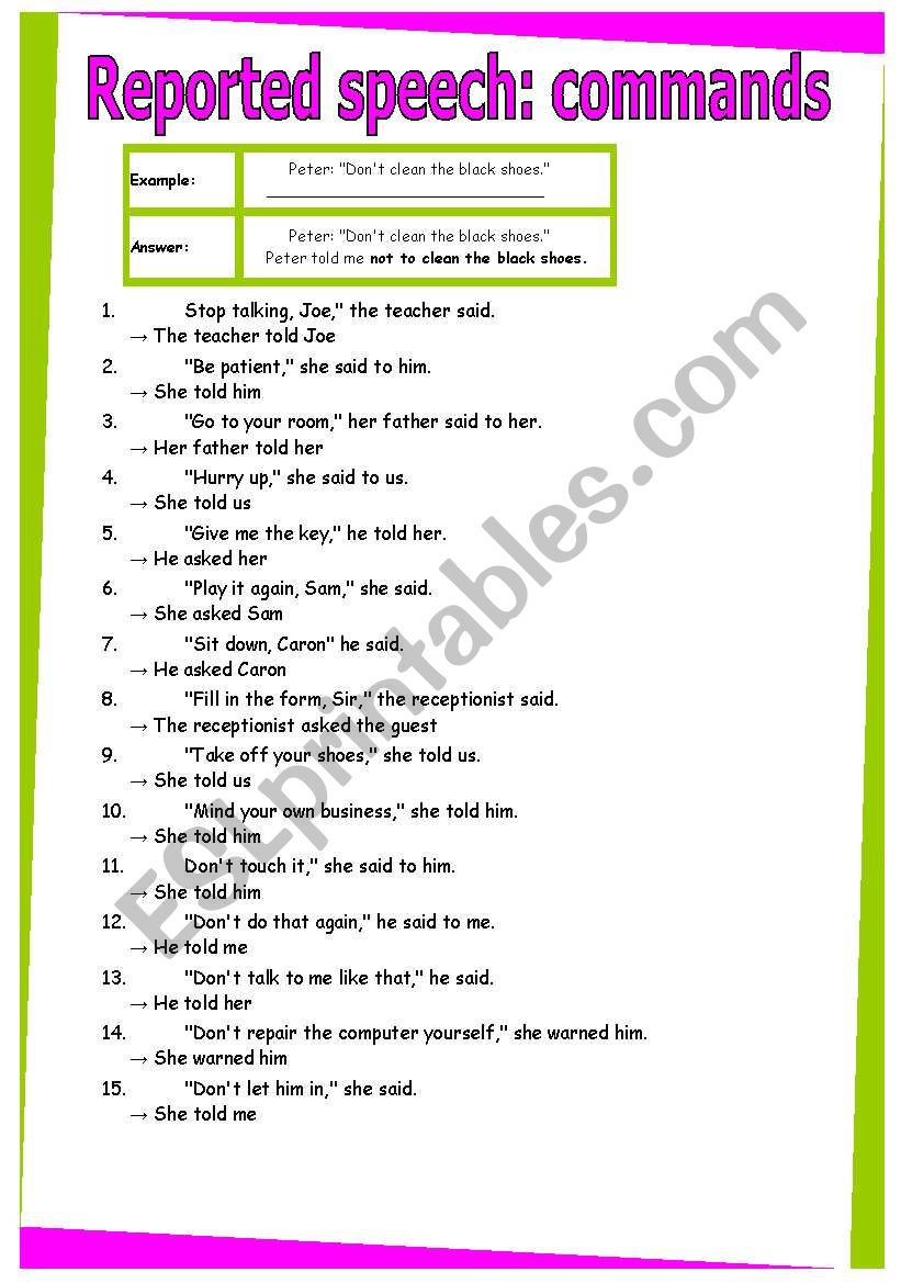 reported speech english exercises