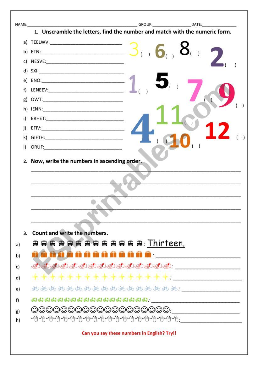 Numbers one up to twenty worksheet