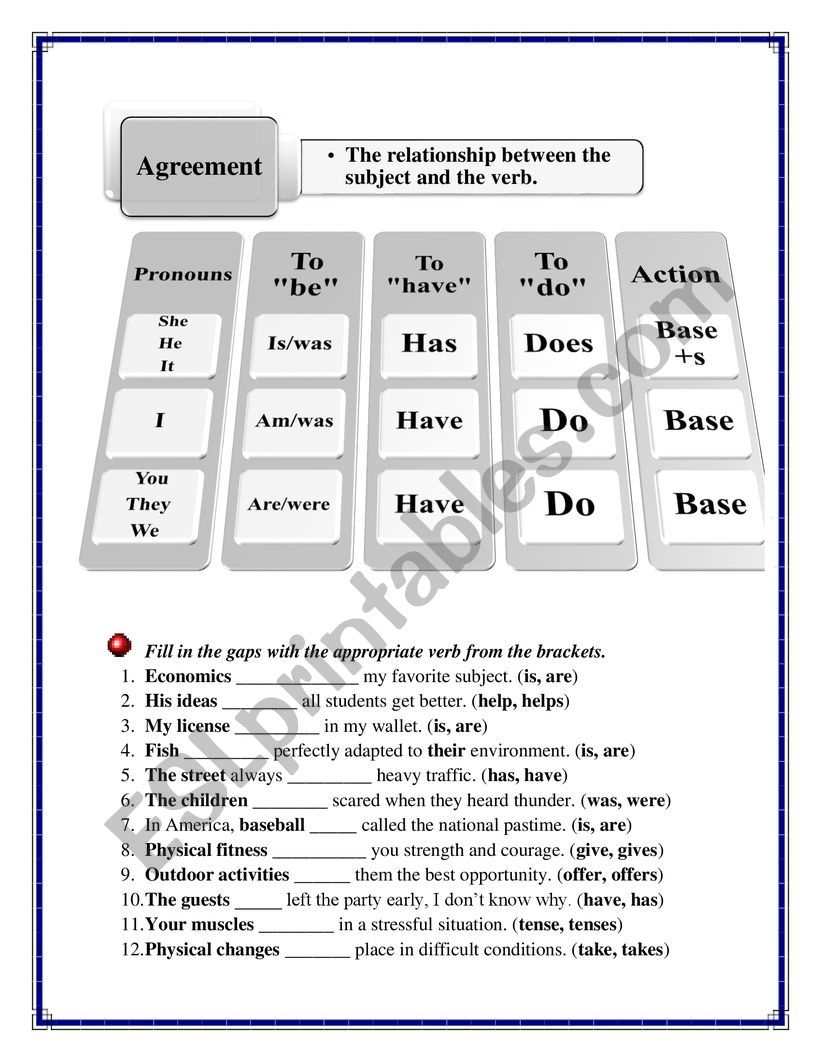 subject- verb agreement worksheet