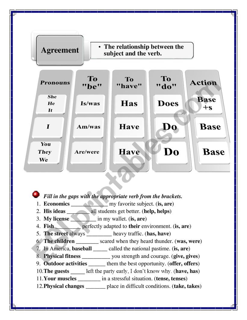subject- verb agreement worksheet subject- verb agreement worksheet