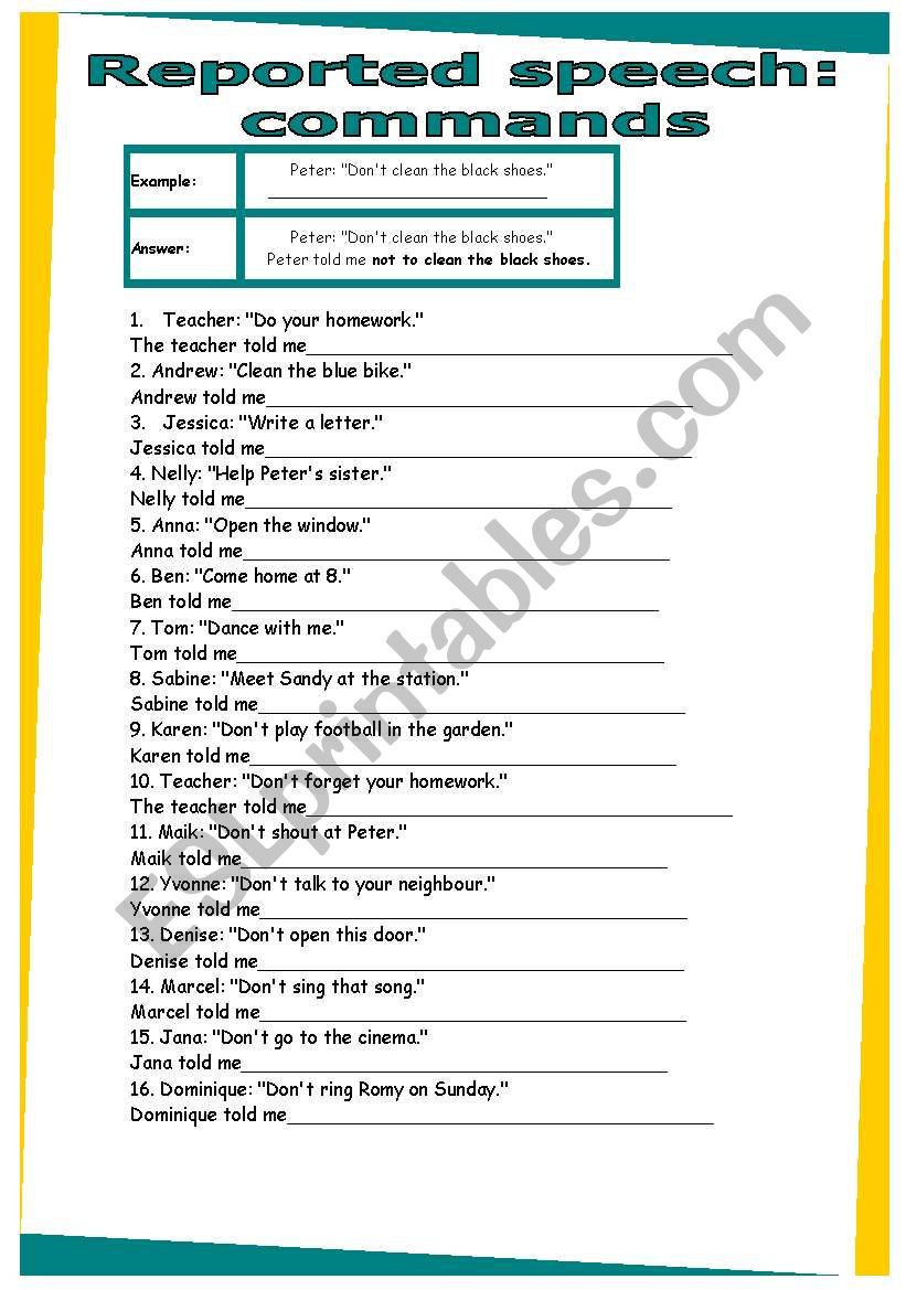 Reported speech commands. WORKSHEET 30