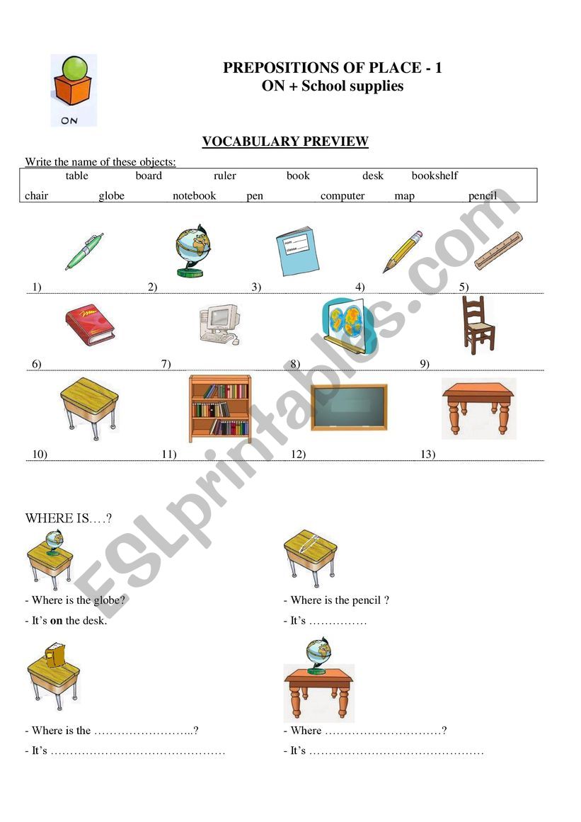 Prepositions of Place - 1 worksheet