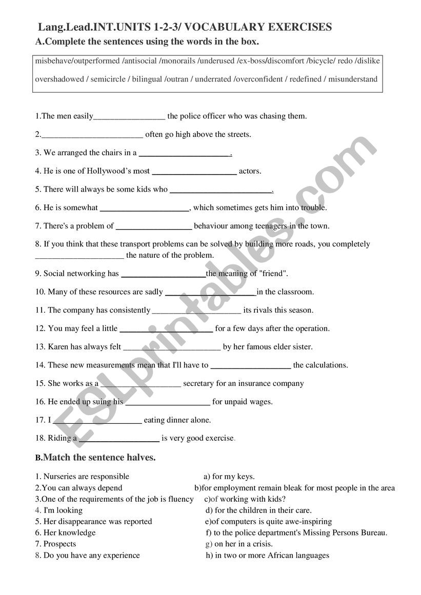 LANGUAGE LEADER INT.Units1-2-3 VOCABULARY EXERCISES