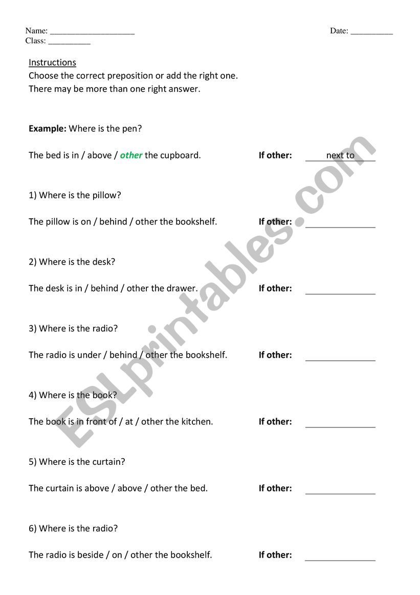 Prepositions - Objects worksheet