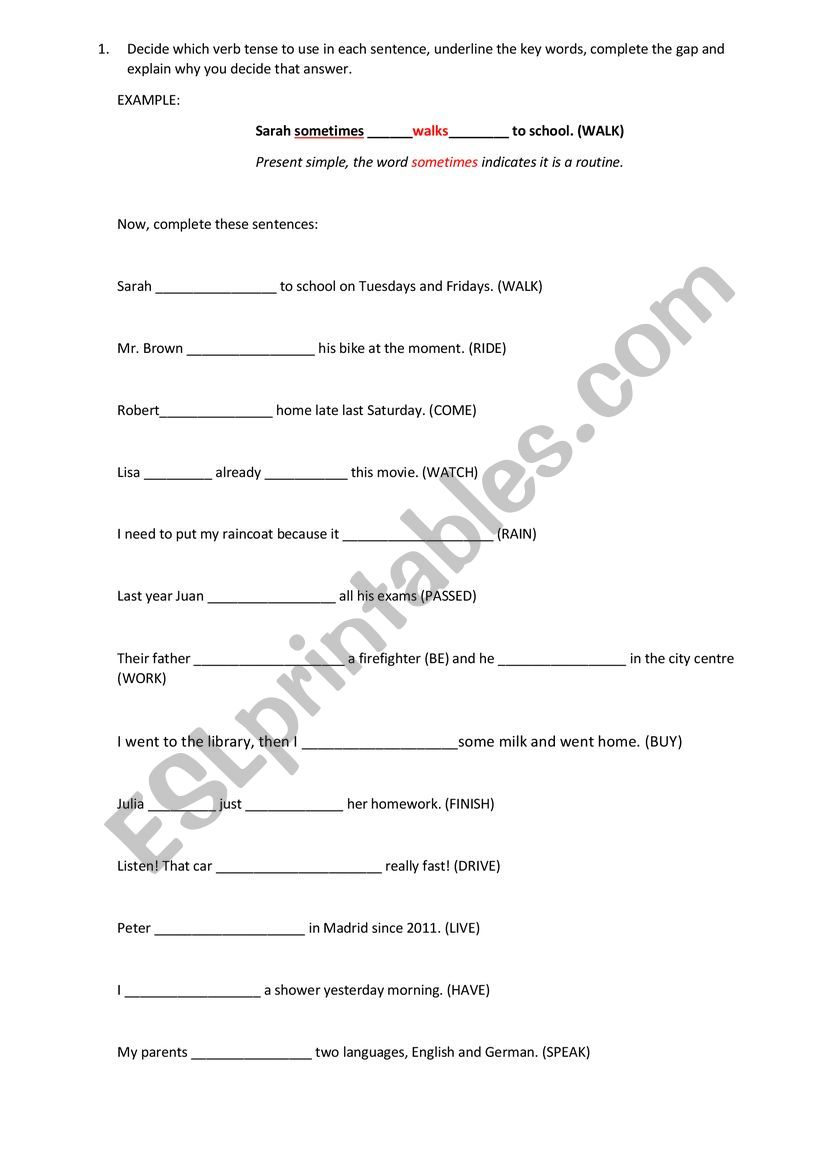 4 VERB TENSES kids worksheet