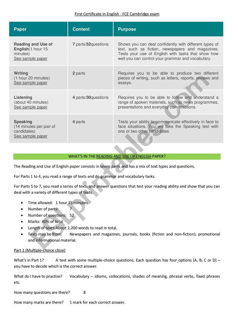 FCE exam structure worksheet