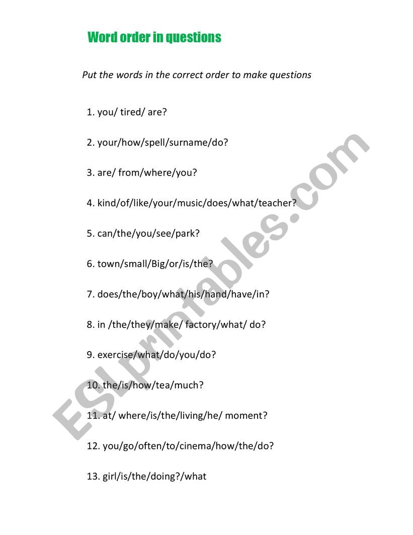 WORD ORDER IN QUESTIONS worksheet