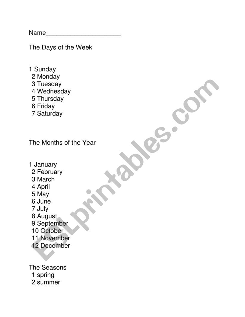 The months, days, and seasons. 1/1  (Worksheet to follow)