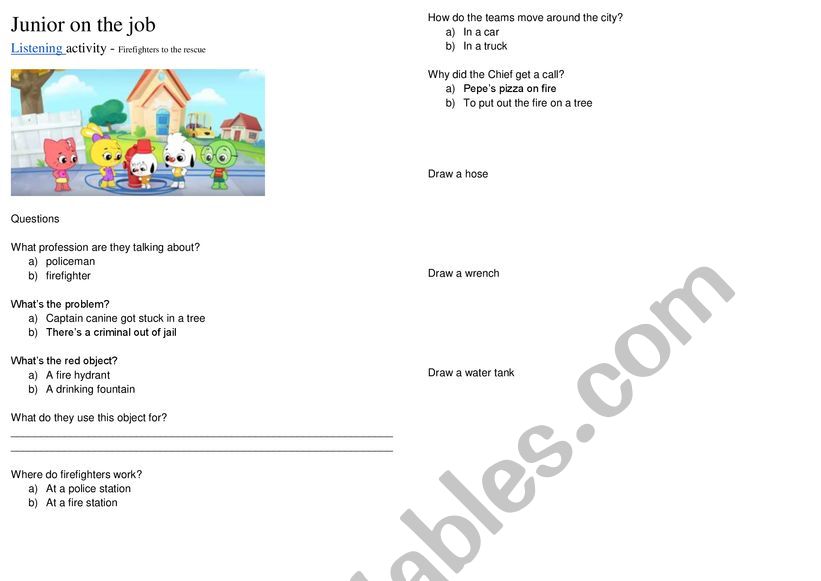 Junior on the Job cartoon - Elementary listening activity with keys and audio