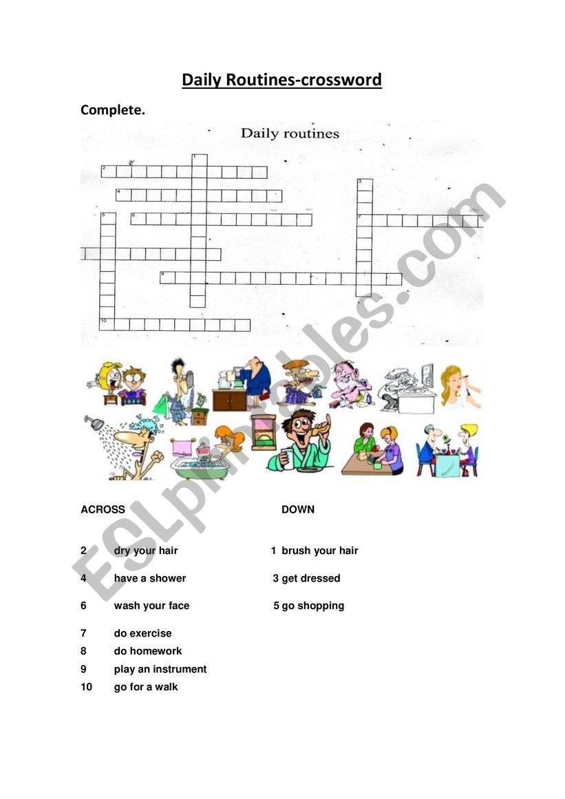 Daily routines- crossword worksheet