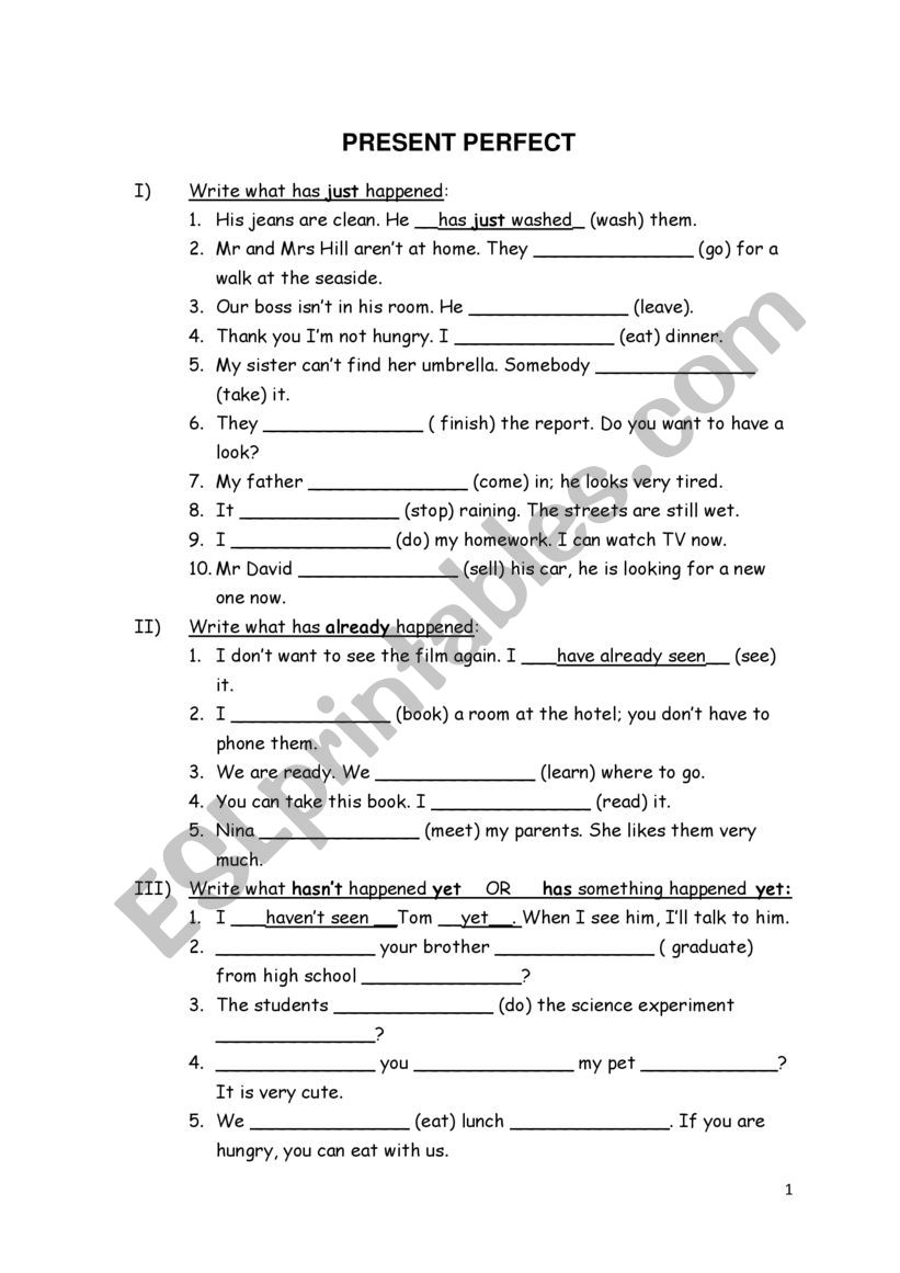 Present perfect worksheet