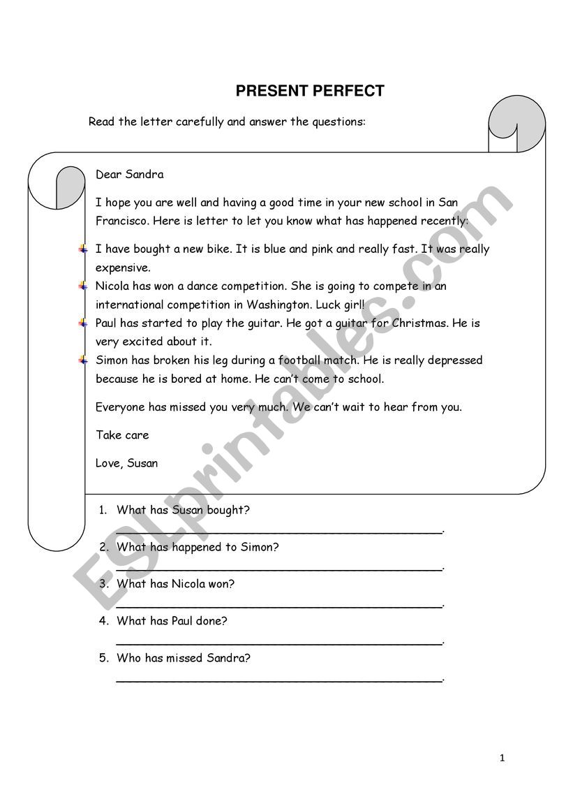 Present perfect worksheet