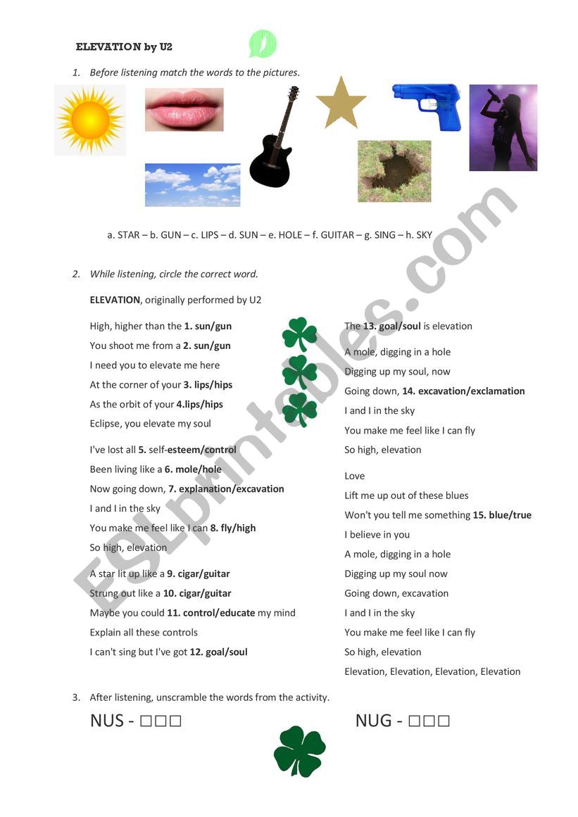 Elevation by U2 - Vocabulary worksheet