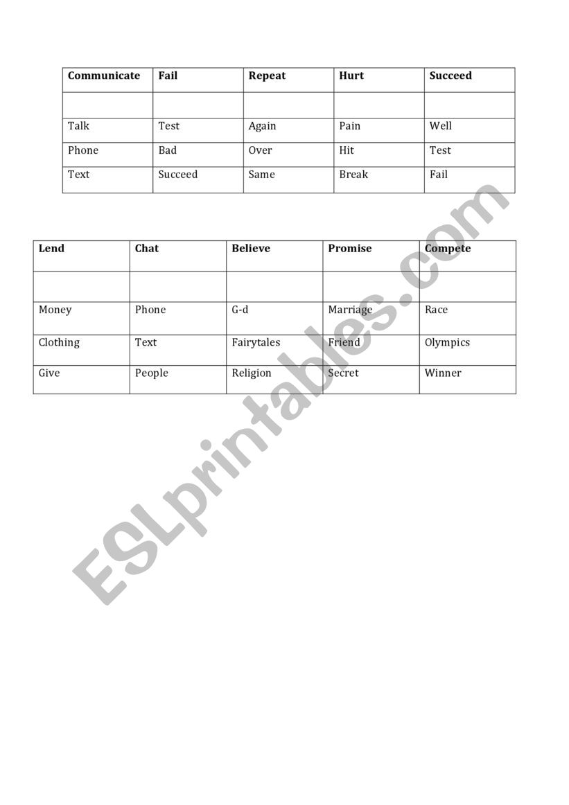 Taboo worksheet
