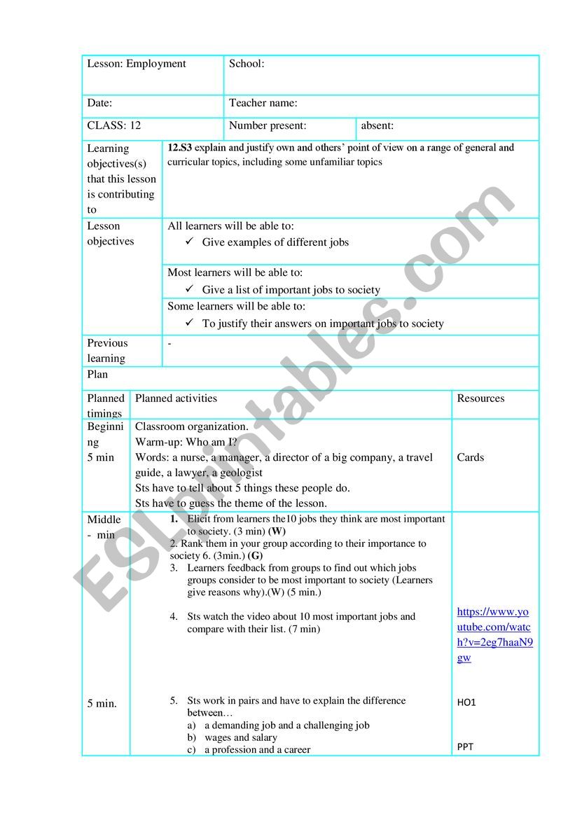 Employment worksheet