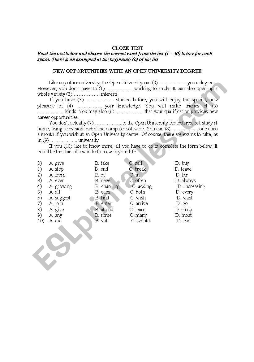 cloze test worksheet