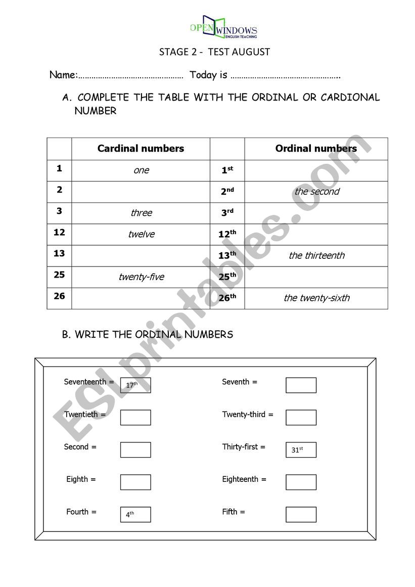 ORDINAL AND CARDINAL NUMBERS worksheet