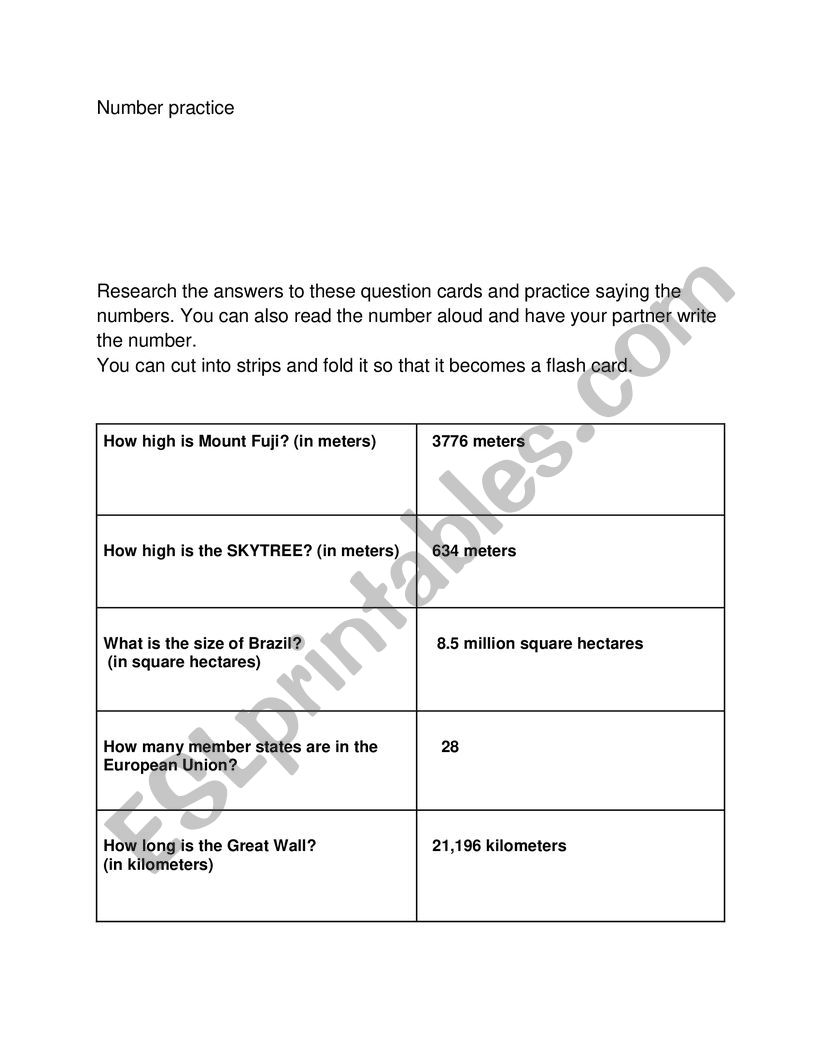 Numbers Practice Cards and fun quiz