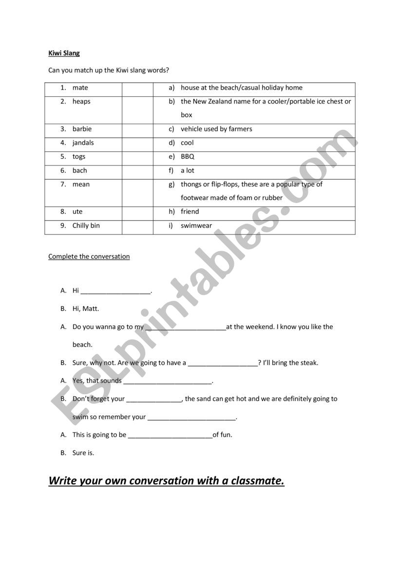 Kiwi Slang worksheet