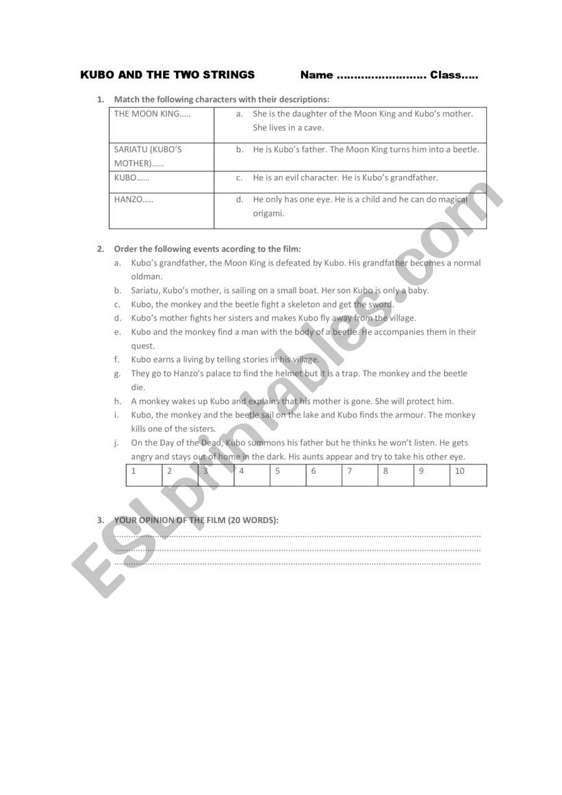 KUBO AND THE TWO STRINGS EASY worksheet