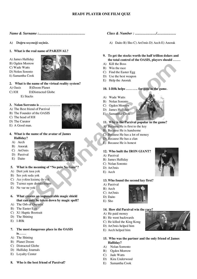 Ready Player One Quiz worksheet