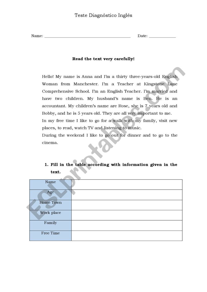 dianostic test worksheet