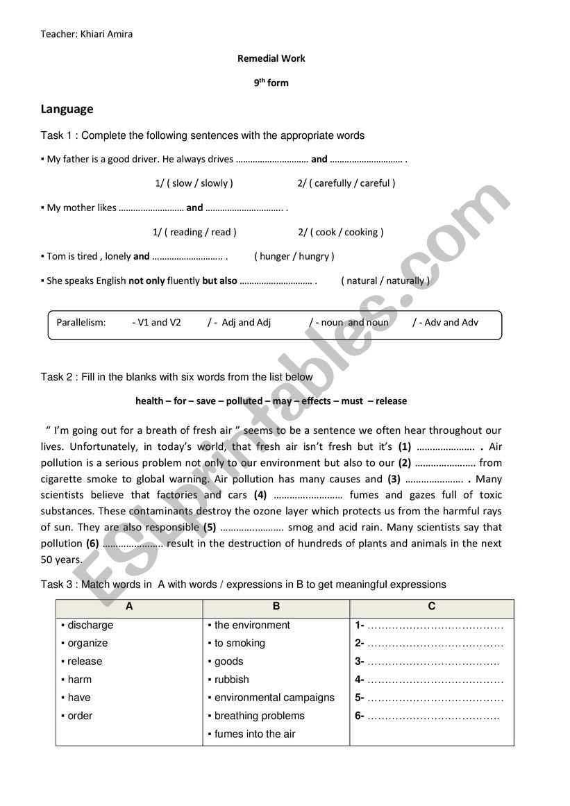 remedial work 9th form worksheet