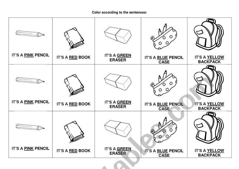 School materials and colors worksheet