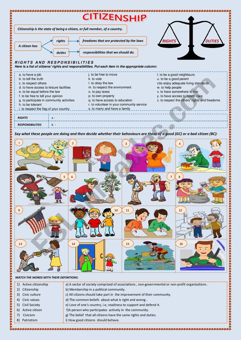 CITIZENSHIP: RIGHTS AND RESPONSIBILITIES - ESL worksheet by benyoness Inside I Have Rights Worksheet