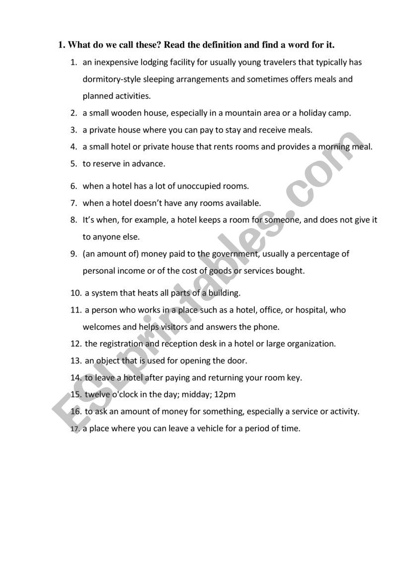 Find the definitions. Hotel worksheet
