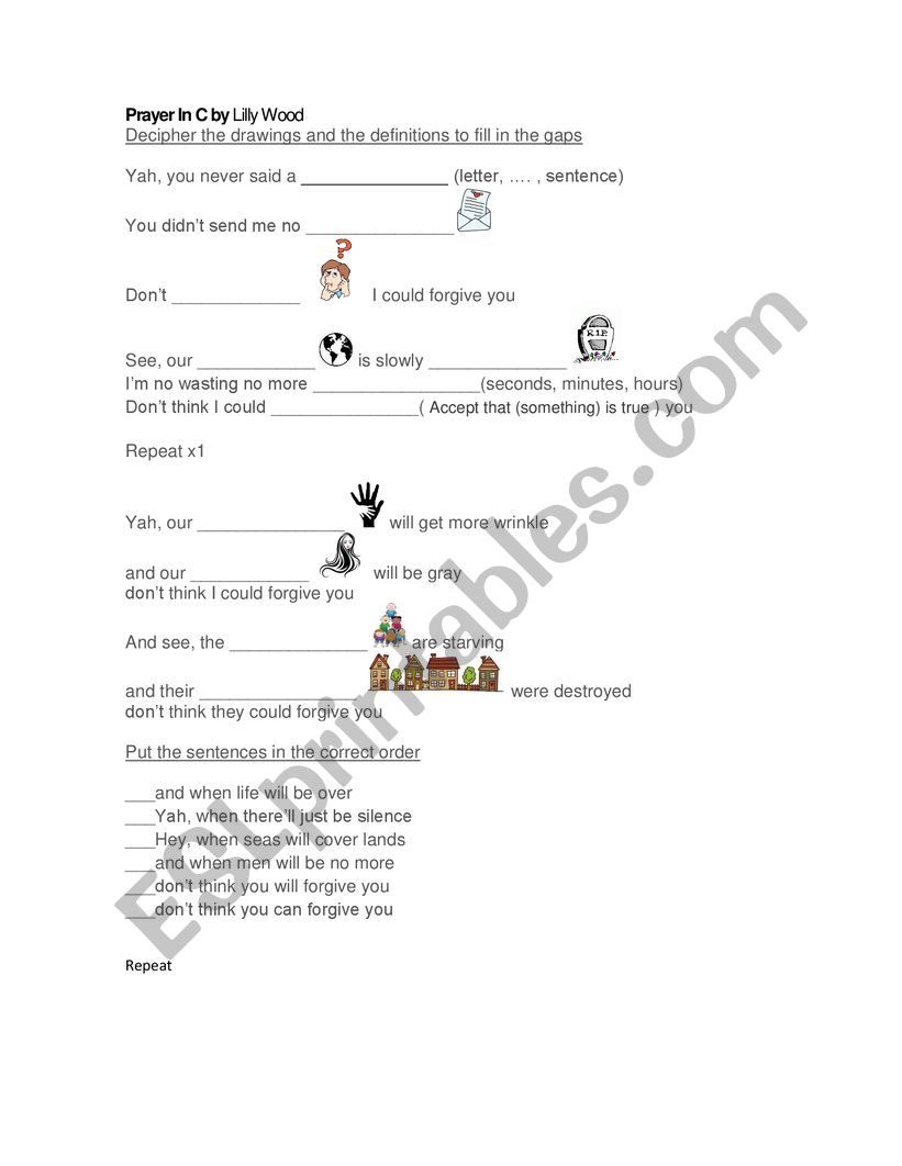 Song: Prayer in C worksheet
