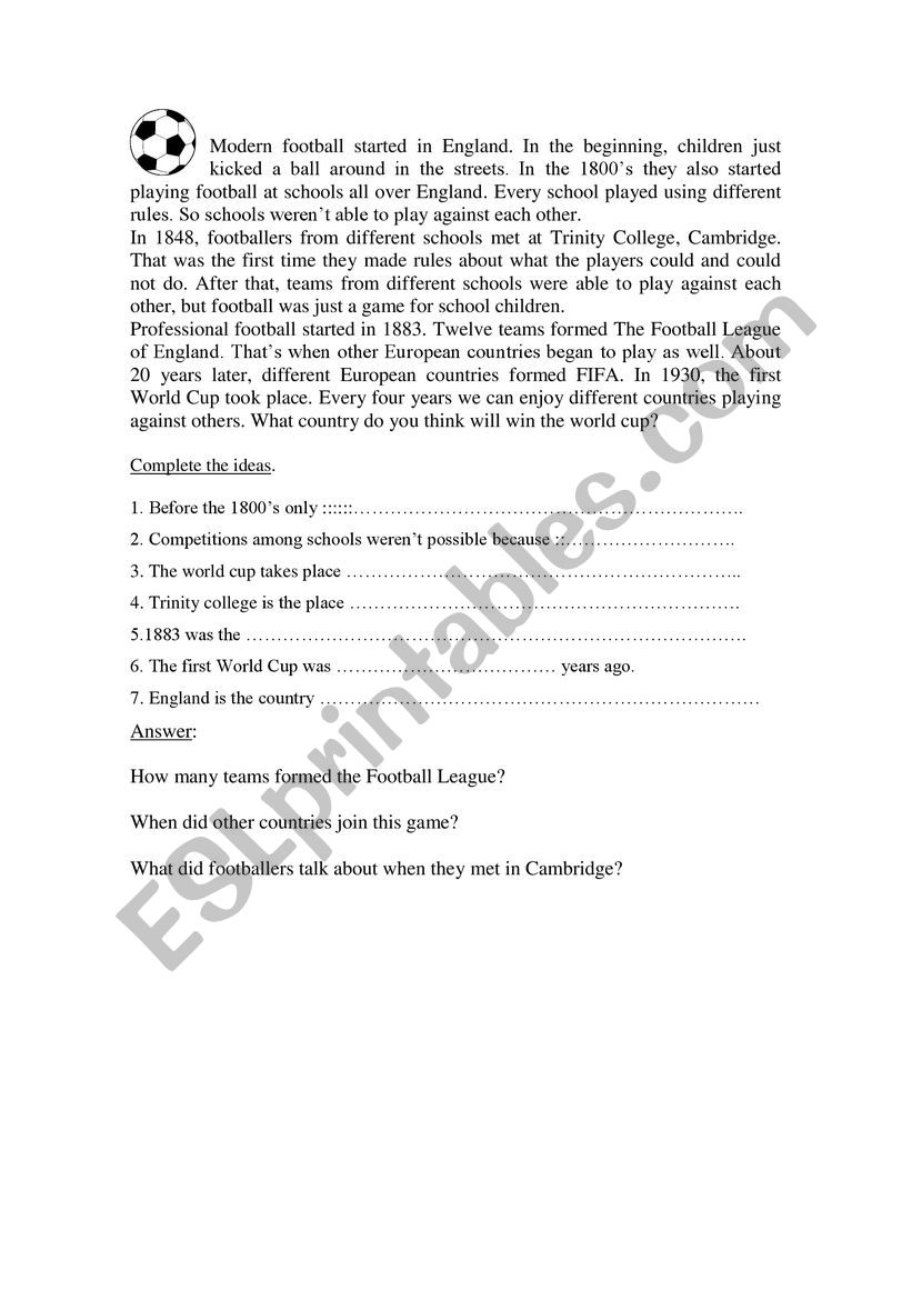 modern Football worksheet