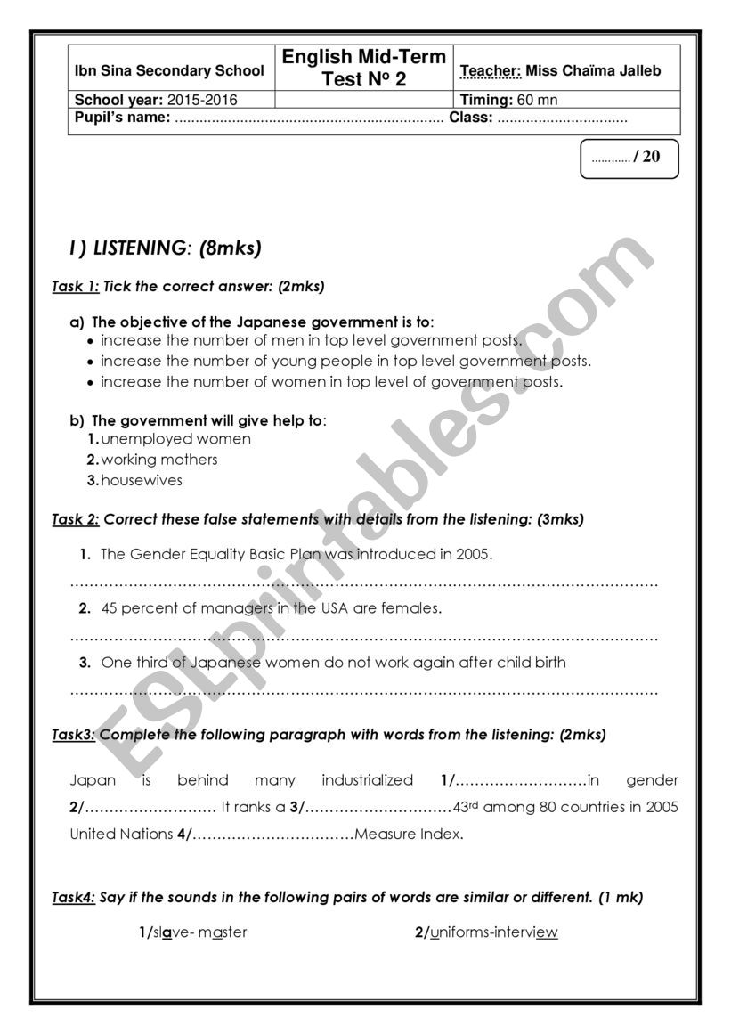 Mid term test N 02 for 2nd formers