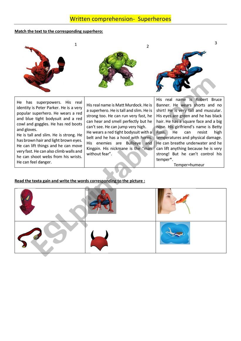 Superhero written comprehension