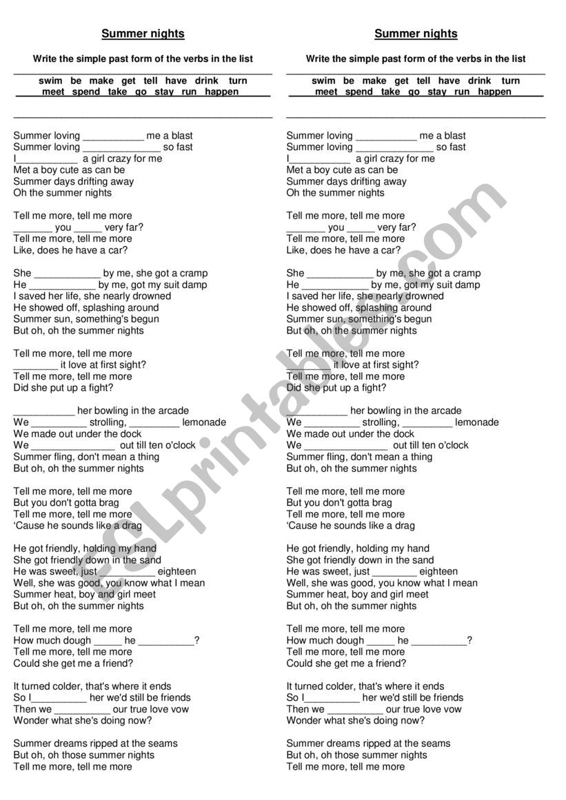 Summer nights  worksheet