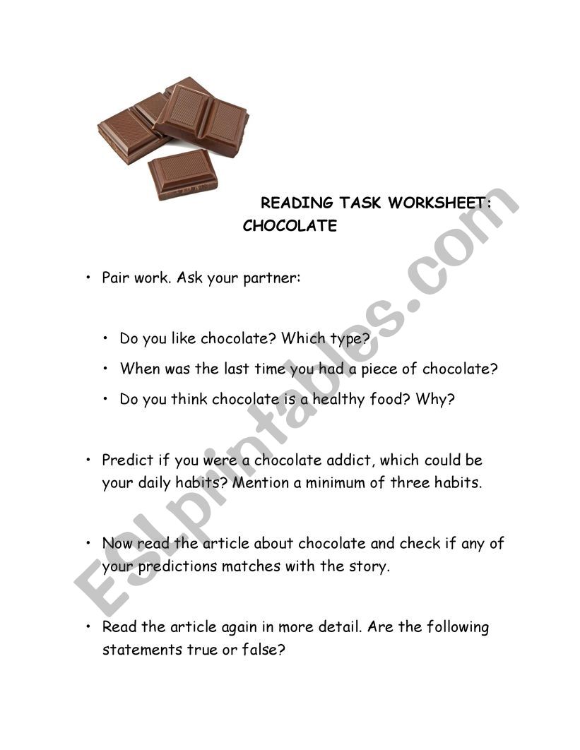 READING TASK WORKSHEET: CHOCOLATE