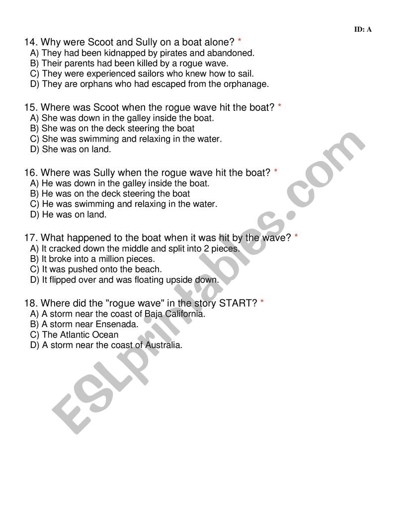 Rogue Wave Test - ESL worksheet by pbobbs Regarding Wave Worksheet Answer Key