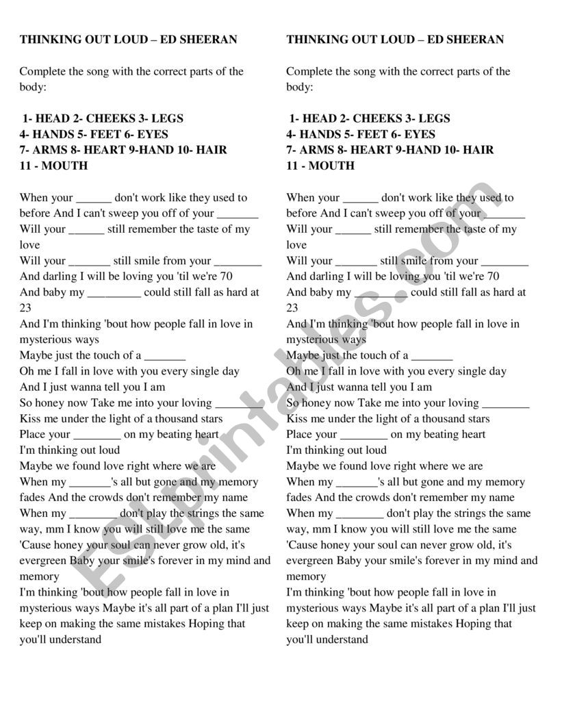Thinking out loud Ed Sheeran Parts of the Body