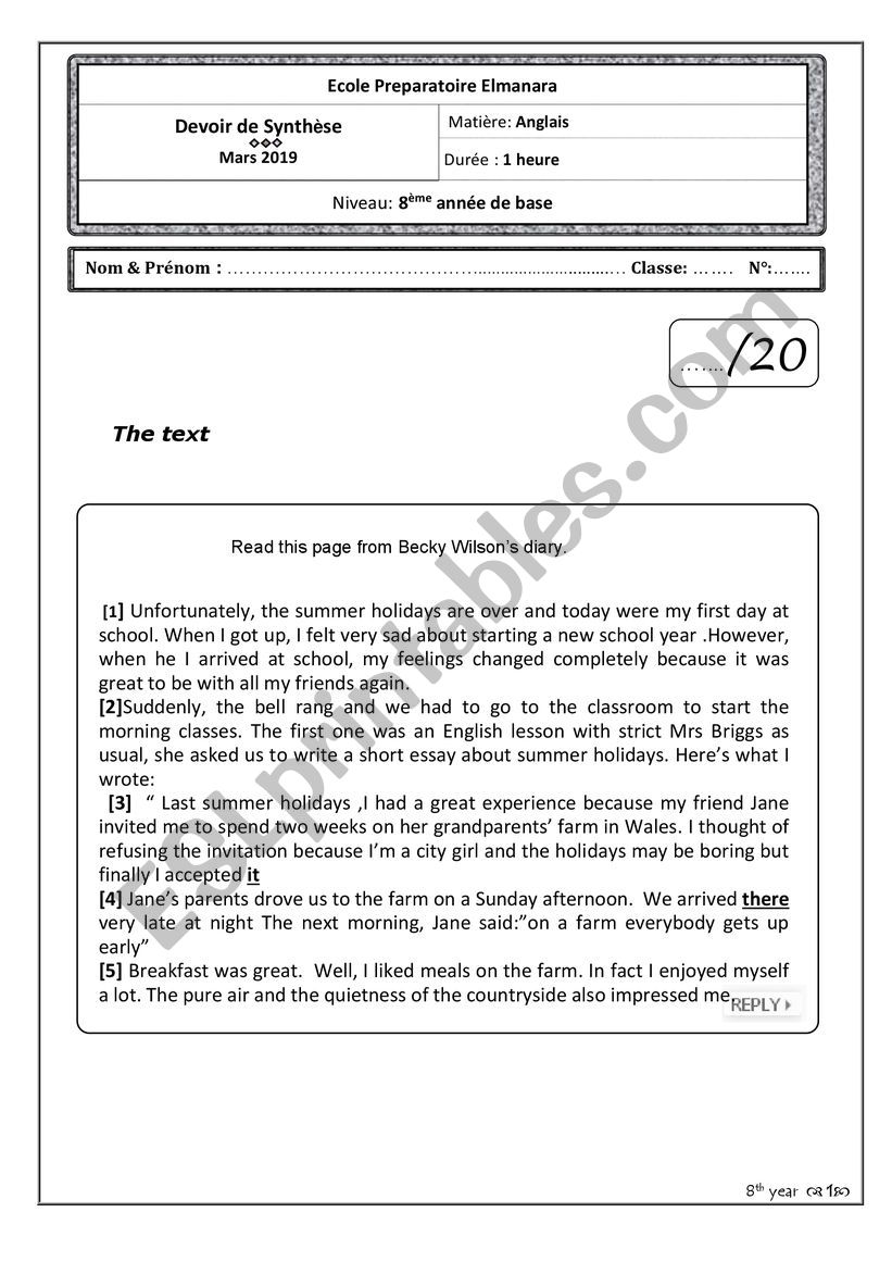 8th form full term tes2 worksheet