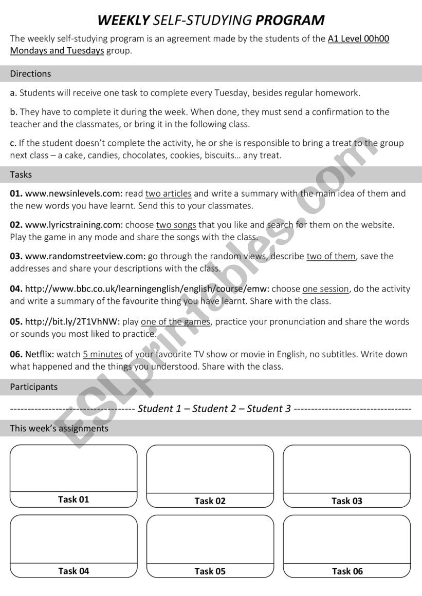 Weekly Self-Studying Program worksheet