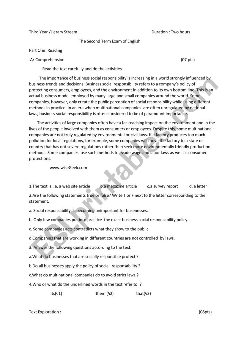 third year second exam worksheet