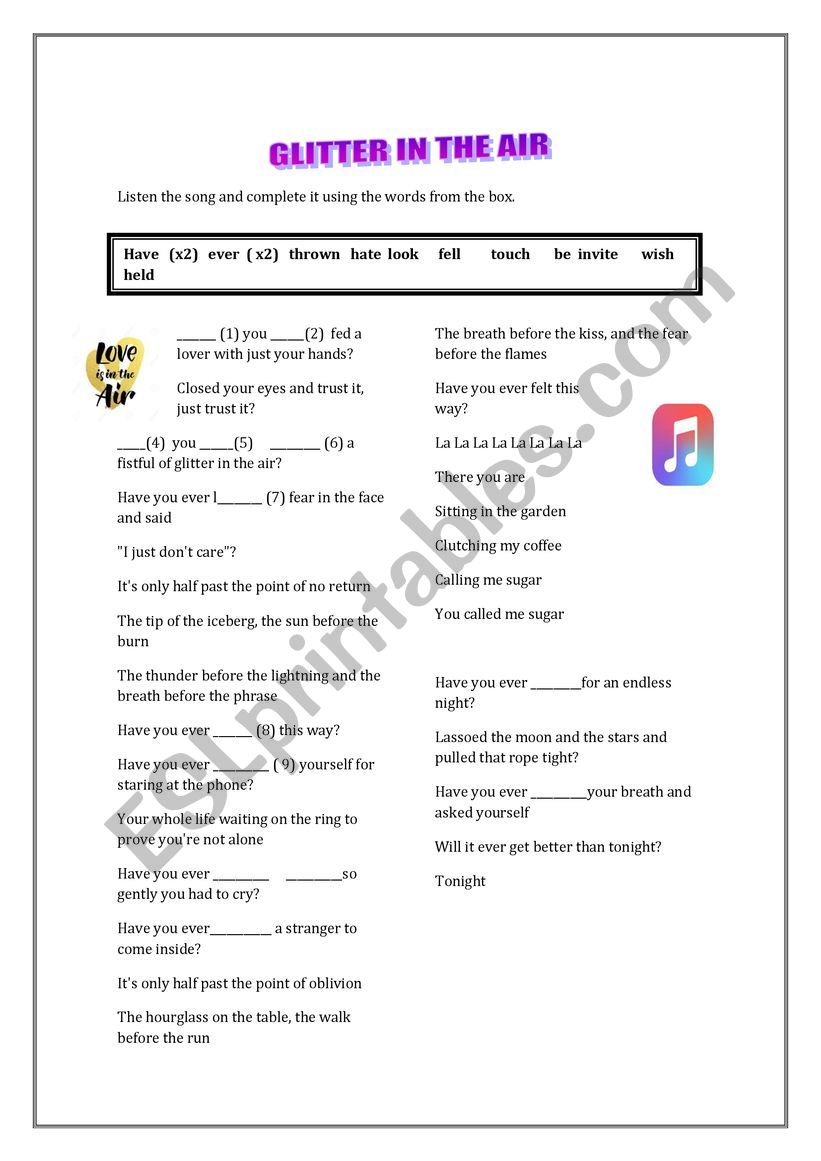Present Perfect  Song  worksheet