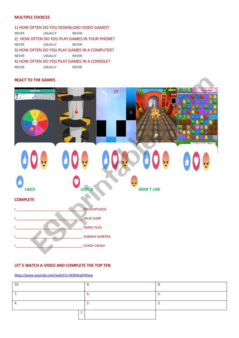 Video games worksheet