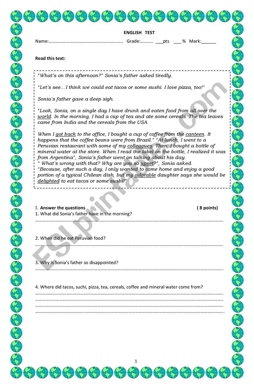 Globalization Test worksheet