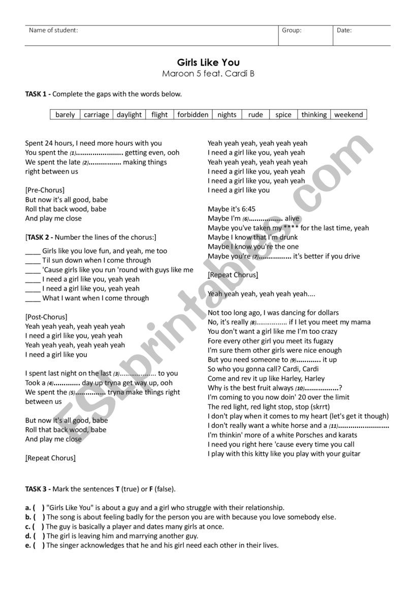 Maroon 5 - Girls like you song and n…: English ESL worksheets pdf & doc